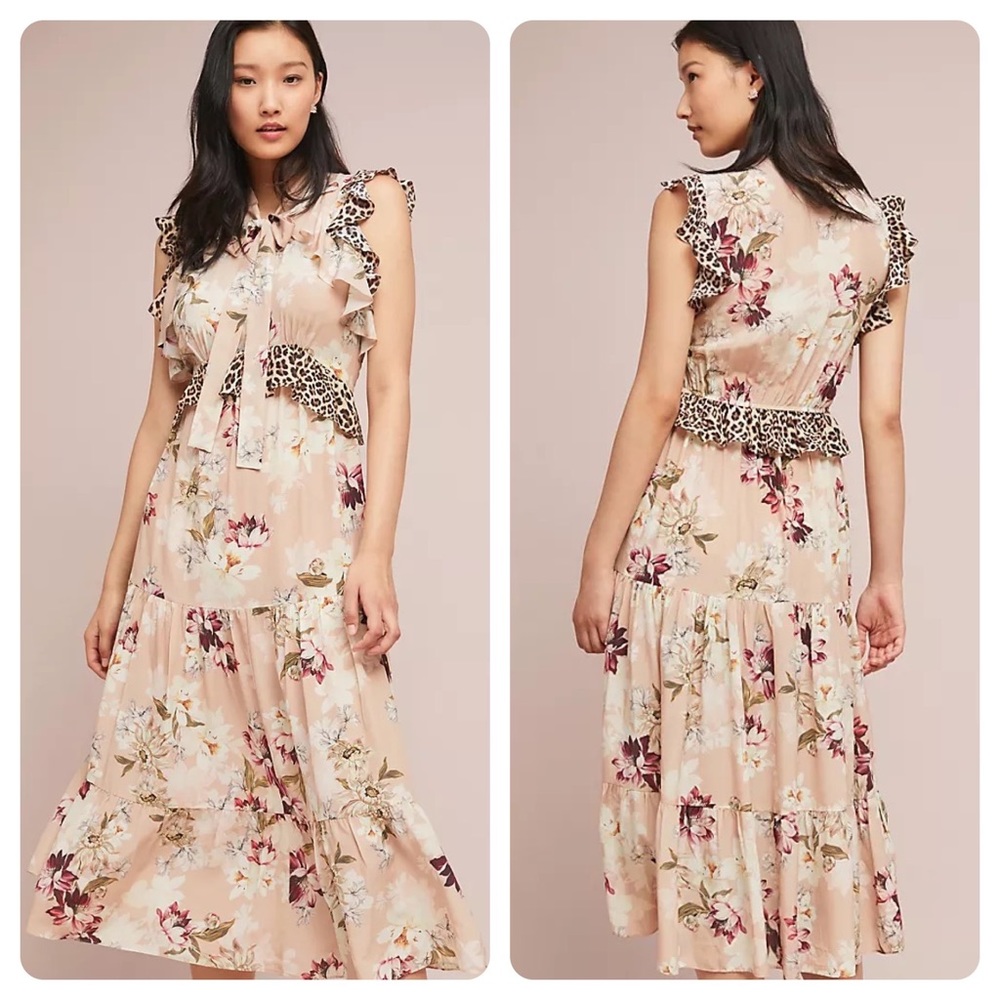 Kachel Anthropologie Silk Peach/Pink Print Maxi Dress - Peplum & Animal Accents